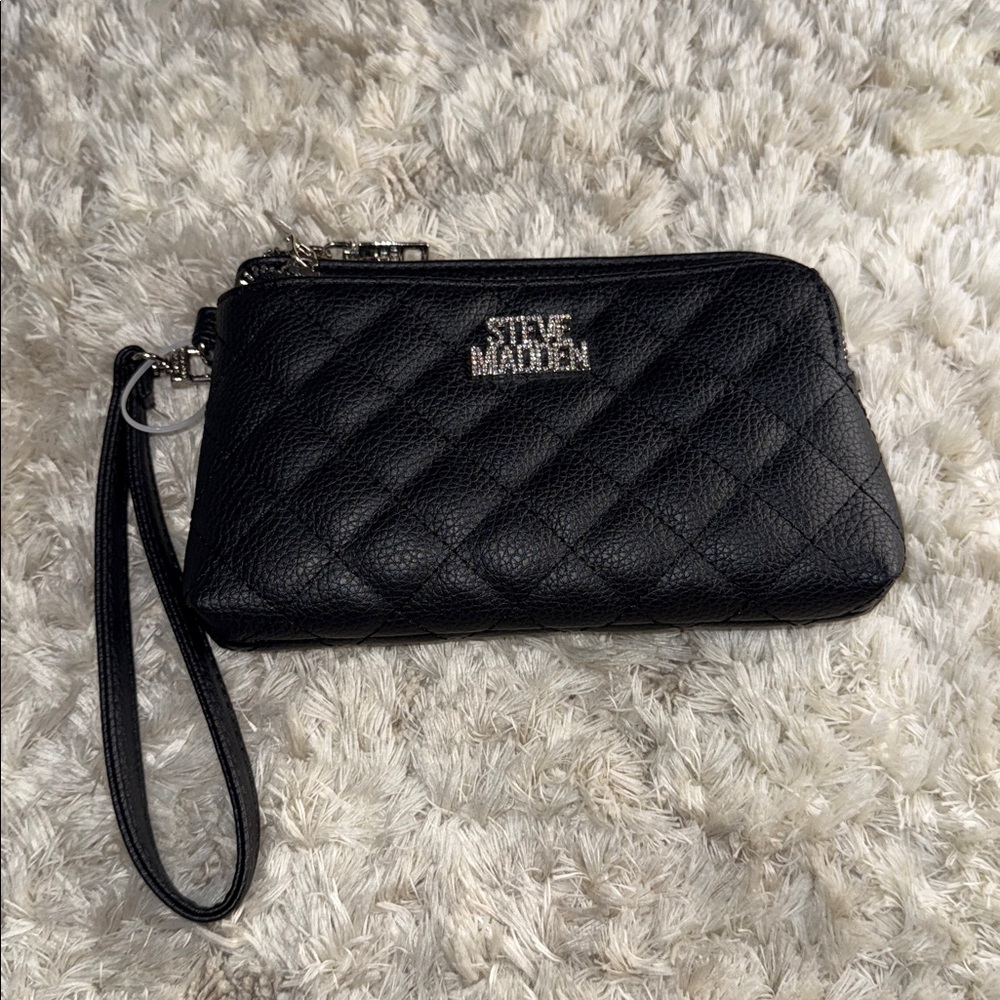 Steve Madden Black Quilted Clutch Wristlet Pouch - Double Zip